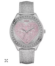 Guess Silver Glittery Leather Strap Watch 44mm U0697L1