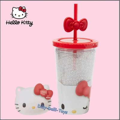 Sanrio Hello Kitty 50th Anniversary Gem Strass Tasse Rot Schleife Strohhalm Deckel Becher