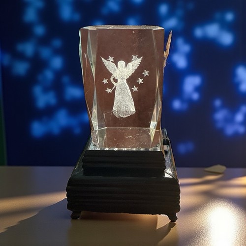3D Crystal Paperweight Cube Praying Angel Laser Etched Acrylic w Light ...