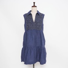 Carolina Herrera Dress Size S Embroidered Tiered V Neck Linen Navy 88cm Length