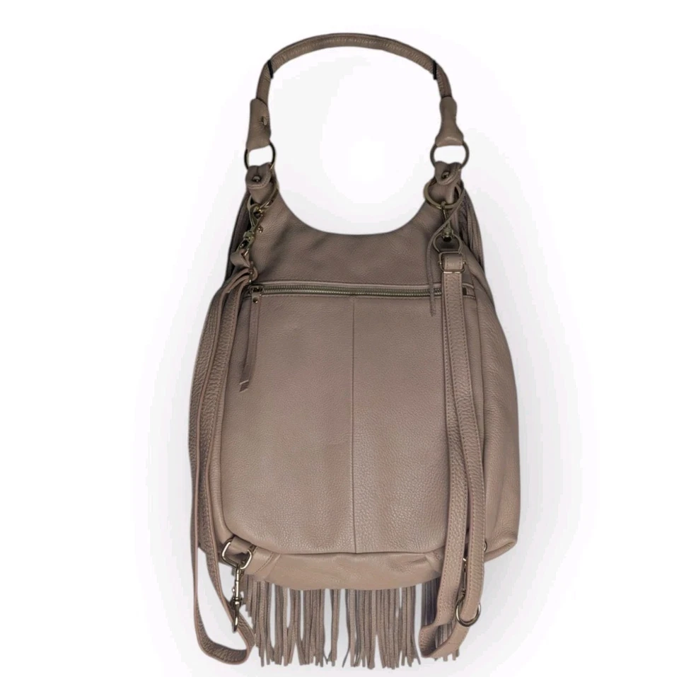 Bolso bandolera/mochila beige tostado con flecos de cuero genuino guijarro G.I.L.I Foto 4 de 4