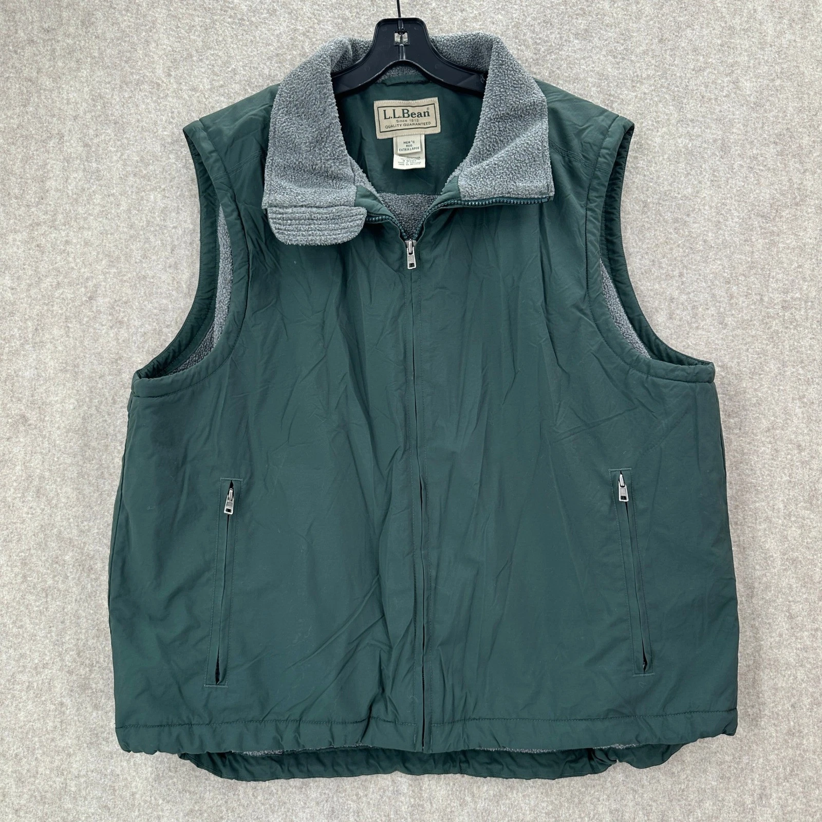 LL Bean Nylon Vest Mens XL Green Fleece Lined Zip Pockets Outdoors