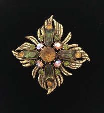 Vintage Florenza 24K Gold Plated Brooch W Green Arrow Art Glass