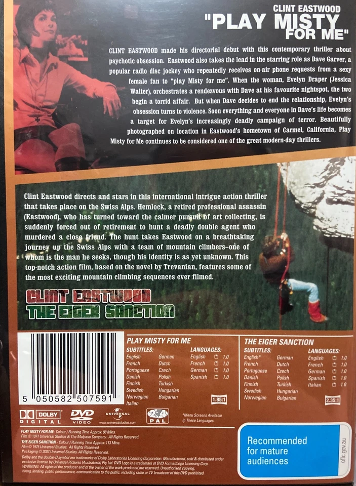 Play Misty For Me / The Eiger Sanction region 4 DVD (2 Clint Eastwood movies) - Image 2 of 3