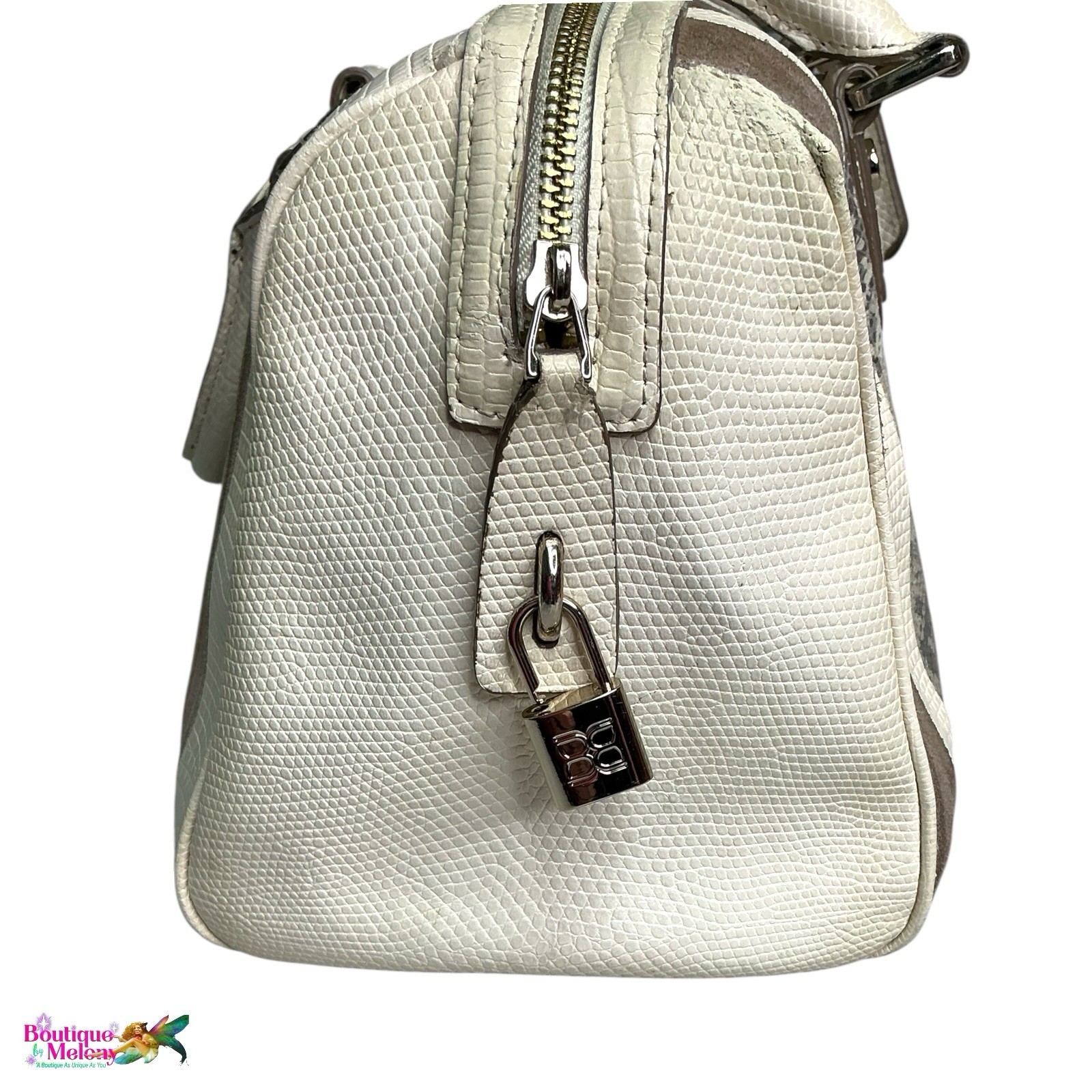 BCBG Maxazria Leather Suede Python Stripe Satchel… - image 4