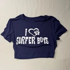 I Love Surfer Boys Crop Top Tee Shirt Women's Small Blue Summer Beach Belly SUn