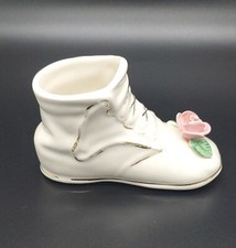 Vintage Porcelain Baby Shoe Planter/Figurine w/Hand Painted Flower  Gold Lace