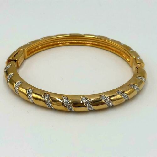 SWAROVSKI Co. Clear White Crystal Oval Hinge Bangle Bracelet Gold Tone - Picture 2 of 5