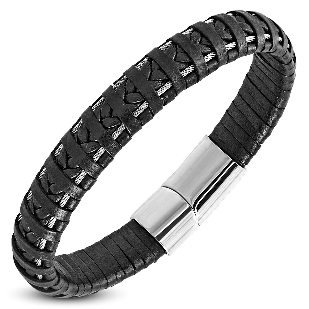 Bracelet homme cuir noir câble métallique acier 22cm style biker BGO599