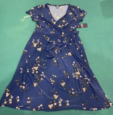 Ralph Lauren Chaps Dress Sz Petite Navy Floral Front Knot Jersey Midi 3/4  Sleeve