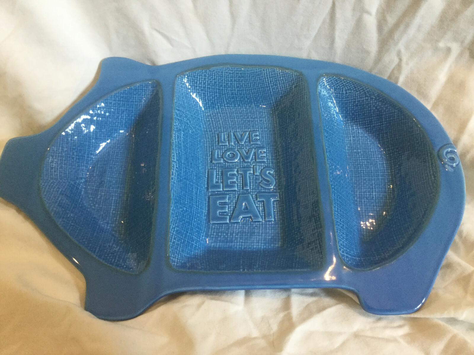 New Grasslands Road Blue Pottery Pig Shaped Relish Dish LIVE LOVE LET'S EAT eBay