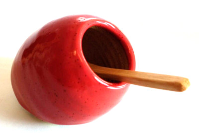 Studio Art Pottery Salt Cellar Glossy Red Pottery with Wood Spoon Signed