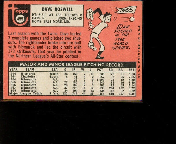 1969 Topps #459 Dave Boswell Twins - Image 2 of 2