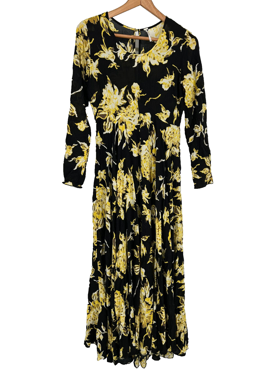 Free People Dress Womens Small Black Yellow Floral First Kiss Maxi Boho |  eBay