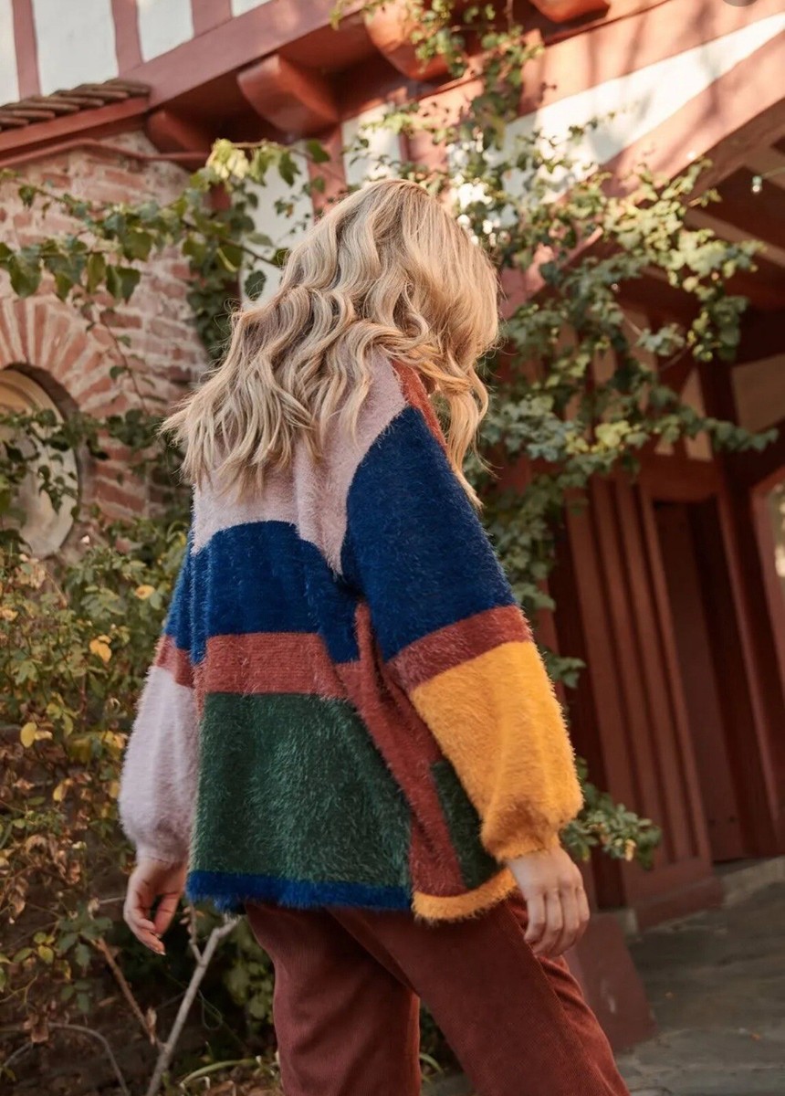 Down to Earth Color Block Eyelash Cardigan Color-Block L by