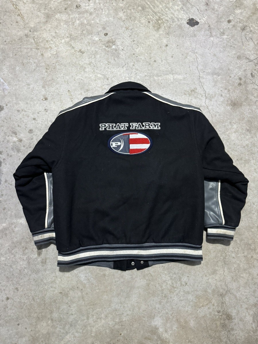 Vintage Y2K Rare Phat Farm Black Leather Wool Varsity Jacket