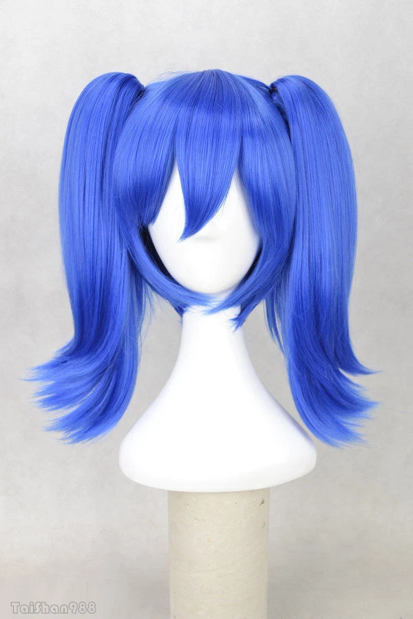 Peluca de pelo de anime cosplay cola de caballo azul recto mediano cola de caballo para mujeres + gorra de peluca Foto 2 de 3