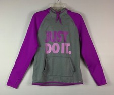 Nike Hoodie Women s Med Purple Gray Therma-Fit Thumb Holes Kangaroo Pocket