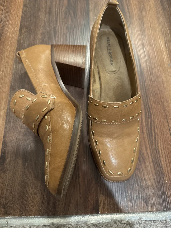 Kelsi Dagger Brooklyn Involve Tan Leather Loafers Heels Sz 11 - Image 4 of 4