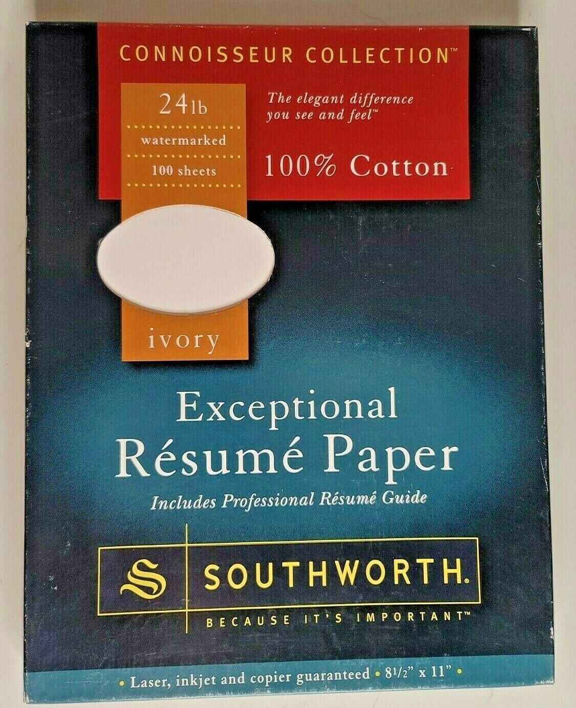 Southworth Ivory Resume Paper 24 lb 100% cotton 100 Sheets Watermarked 8.5 x 11"