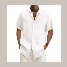 Men  s Cotton Linen Shirt Summer Short Sleeve Solid Color Casual Beach Top