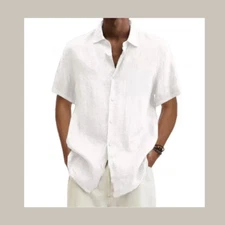 Men’s Cotton Linen Shirt Summer Short Sleeve Solid Color Casual Beach Top
