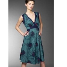 Marc Jacobs Womens Size 8 Green Blue Floral Cotton Knee Length V-Neck Dress