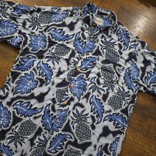 Hana Bay Island Tropics Vintage Hawaiian Shirt Mens Large Blue Pineapple Rayon