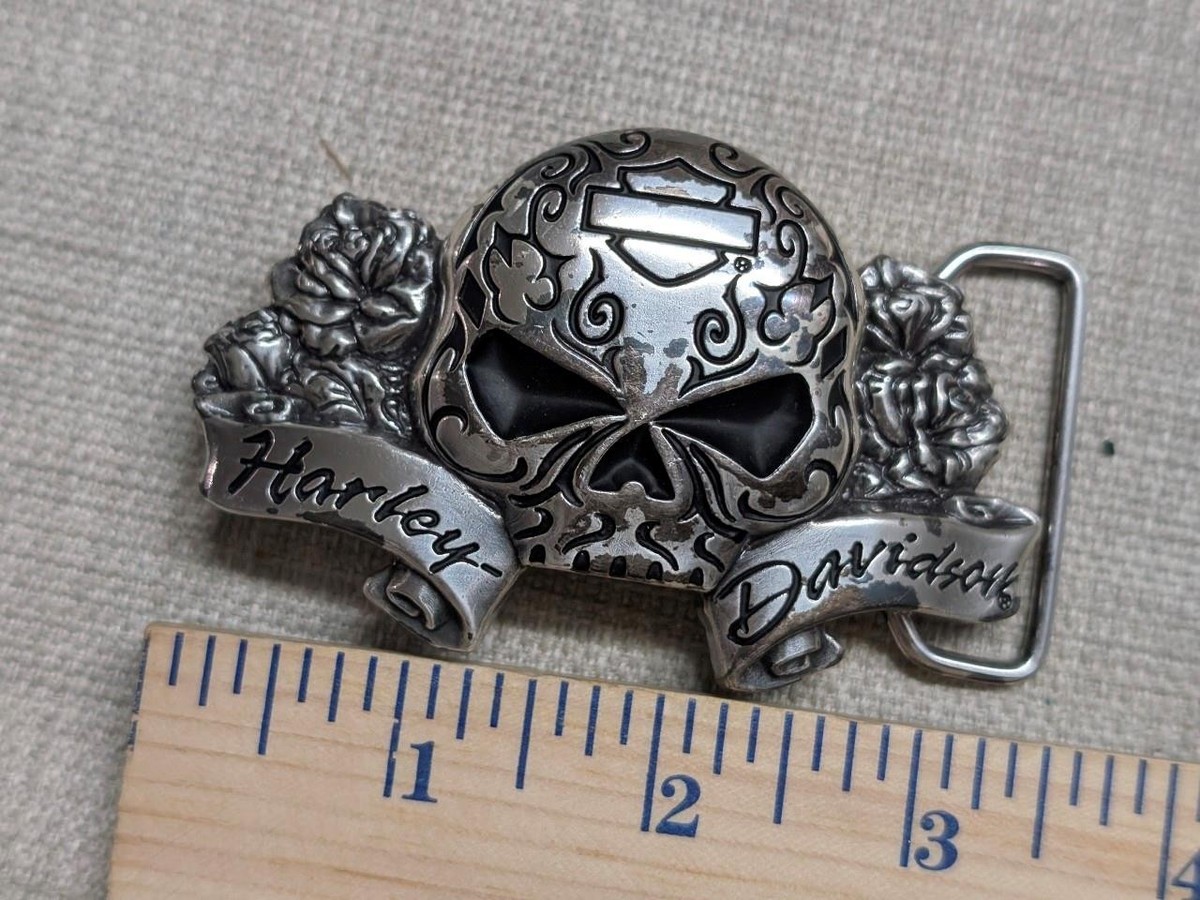 vintage Y2K belt buckle HARLEY DAVIDSON chrome metal SKULL  display picture 2