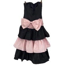 Gunne Sax Dress Jessica McClintock Black Pink Tiered Ruffled Bow Size 11 Vintage