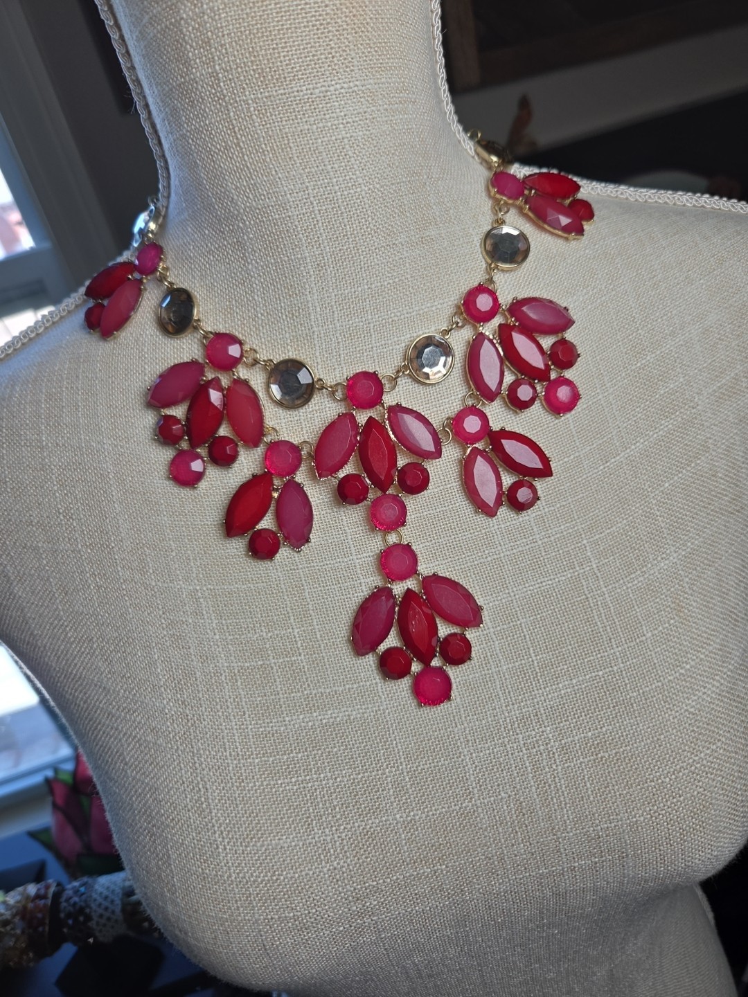 Statement Necklace Collar Silvertone  Burgundy Wi… - image 6