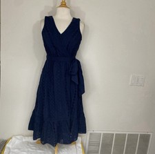 J. Crew Women Navy Eyelet Cotton V Neck Sleeveless Wrap Dress Size 2 Classic EUC