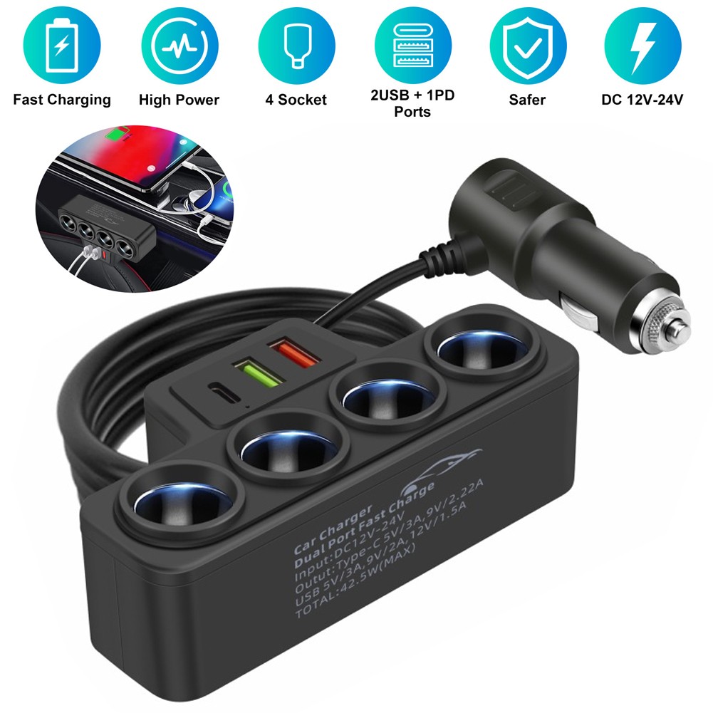 max power from cigarette lighter 12V-24V 4 Way Car Cigarette Lighter Socket Splitter USB PD Charger Power  Adapter