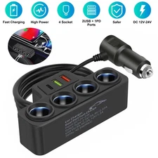 12V-24V 4 Way Car Cigarette Lighter Socket Splitter USB PD Charger Power Adapter