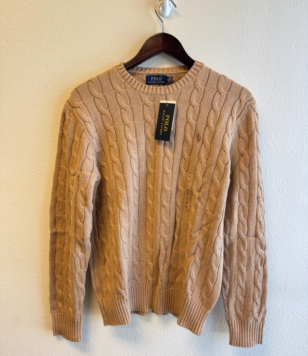 Polo Ralph Lauren Mens BROWN (Brown Pony) Cable-Knit Crew Cotton Sweater S-L