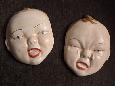 Pair of Baby Face Wall Art Vintage Crying Laughing Mask Ceramic Handcrafted