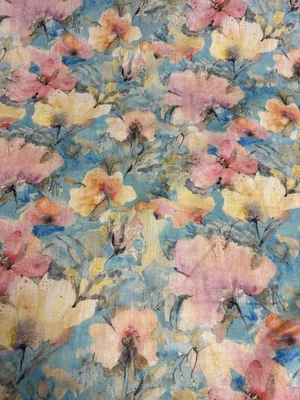 JOHN LOUDEN Neues Angebot3 Meter blau Aquarell Blumen leicht bedruckt 100% Baumwolle Rasenstoff