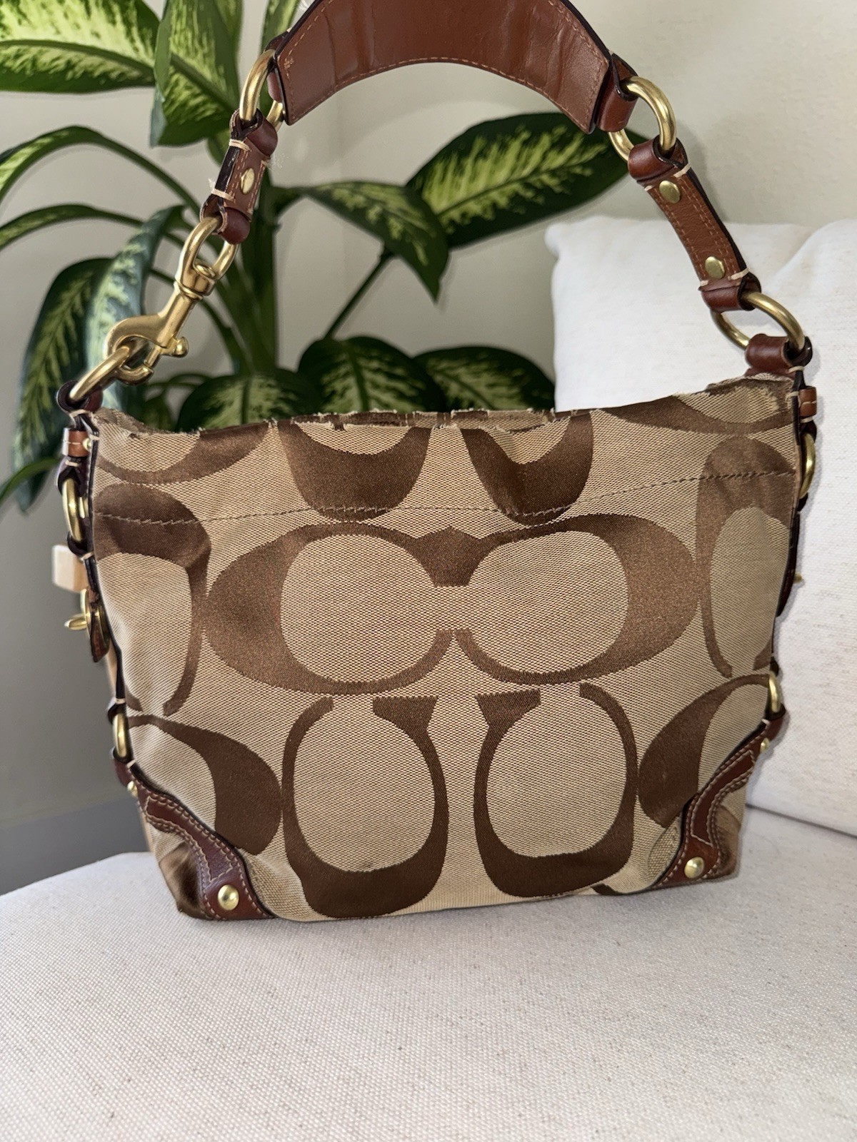 Coach Y2K Vintage Signature Carly Canvas Brown Tan Hobo Shoulder HandBag #10619