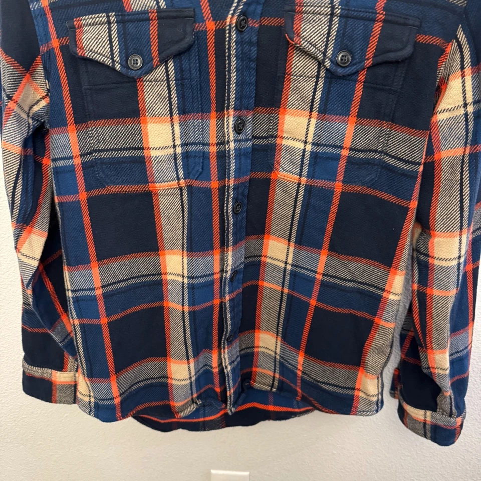 Camisa de franela de sarga cepillada Relwen para hombre mediana escocesa tartán azul naranja pesada Foto 3 de 4