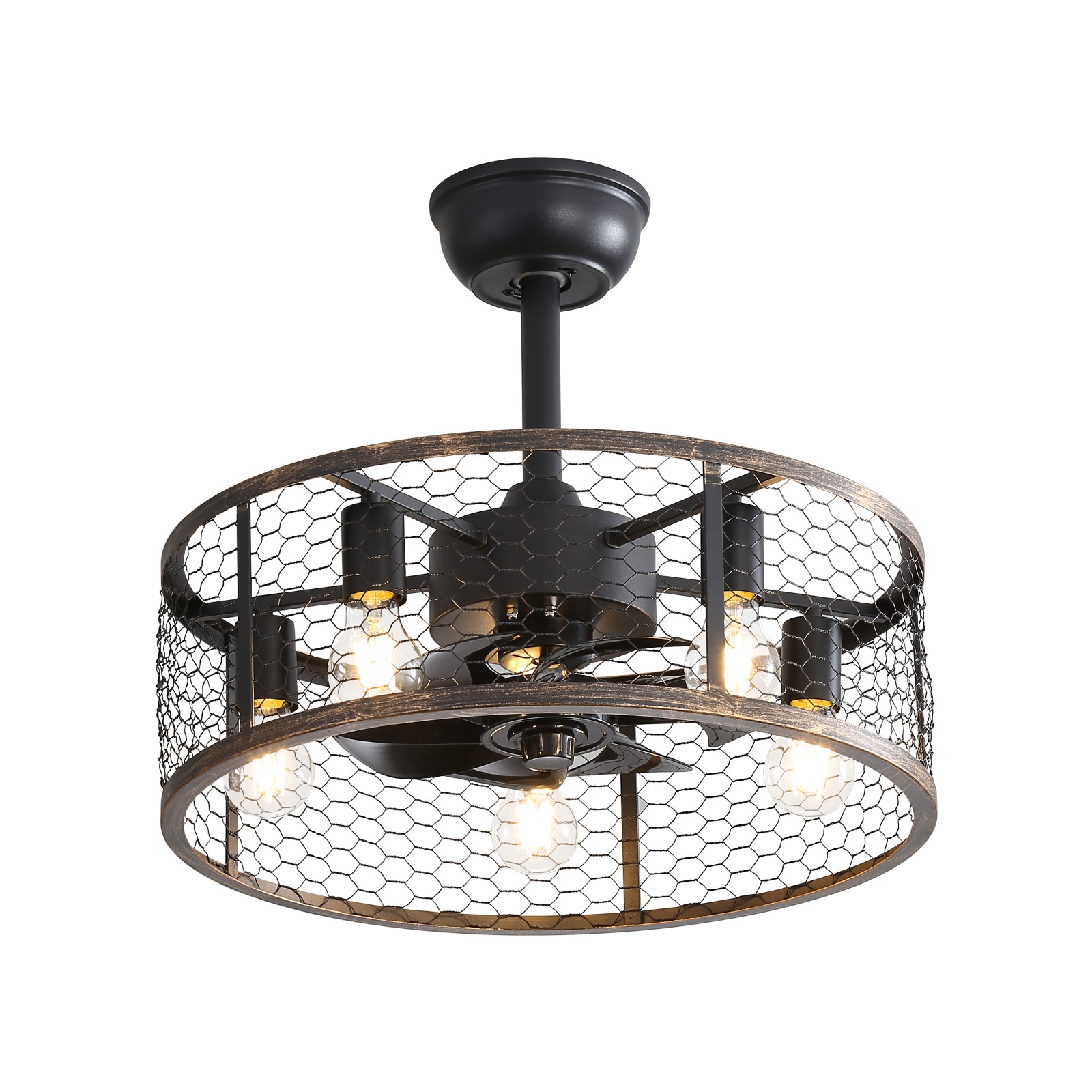 20" Black Caged Ceiling Fan with Light Farmhouse Rustic Fandelier Remote Control