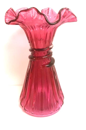 Fenton Cranberry Glass Wheat Vase Ruffled Rim and Three Ring Neck