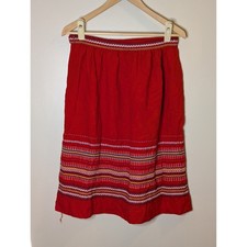 Vintage Red Woven Folk Midi Skirt Embroidered Geometric Pattern Bohemian Boho