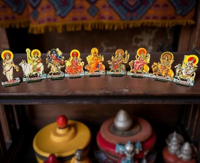 Nav Durga Mata MDF Wood Showpiece Set | Hindu Religious Decor 9 Forms of Goddess
