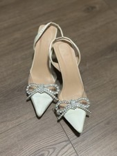 Women's Ivory Satin Pointed Toe Slingback Heels Crystal Rhinestone Bow Size 7