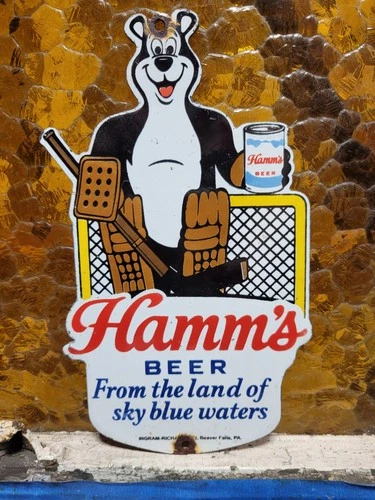 VINTAGE HAMMS PORCELAIN SIGN OLD BEER CAN BEAR ICE HOCKEY MINNESOTA INGRAM RICH