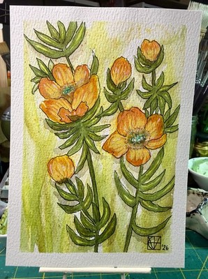 M. Hackney Signed Original Mixed Media Painting Alpine Buttercups Flower 5x7
