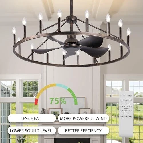  43" Antique Bronze Chandelier Farmhouse Ceiling Fan with Light and Remote - Image 3 of 4