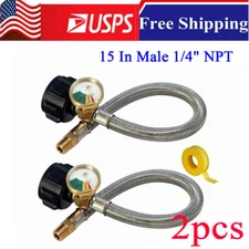 15 Inch RV Propane Pigtail Hose with Gauge Braided Gas Line with 1/4" NPT Flare