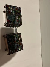 Set  Of 2 Vintage Glass Beaded Metal Jewerly Box Copper Color Boho Retro