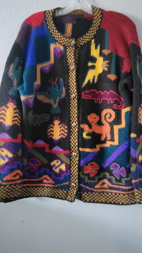 Factoria Perez Baby Alpaca Hand Made animals,button Cardigan Sweater,colorful,L